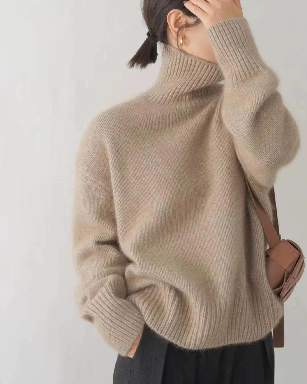 Women's Multi-Color Ribbed Oversized Turtleneck Sweater Khaki