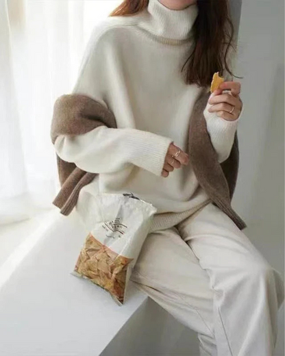 Women's Multi-Color Ribbed Oversized Turtleneck Sweater White