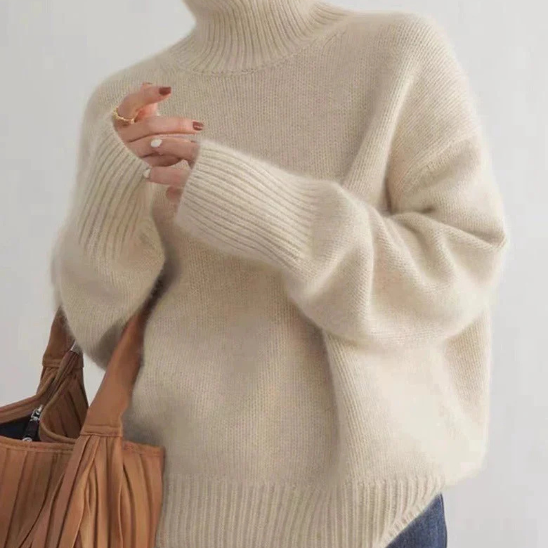 Women's Multi-Color Ribbed Oversized Turtleneck Sweater Beige