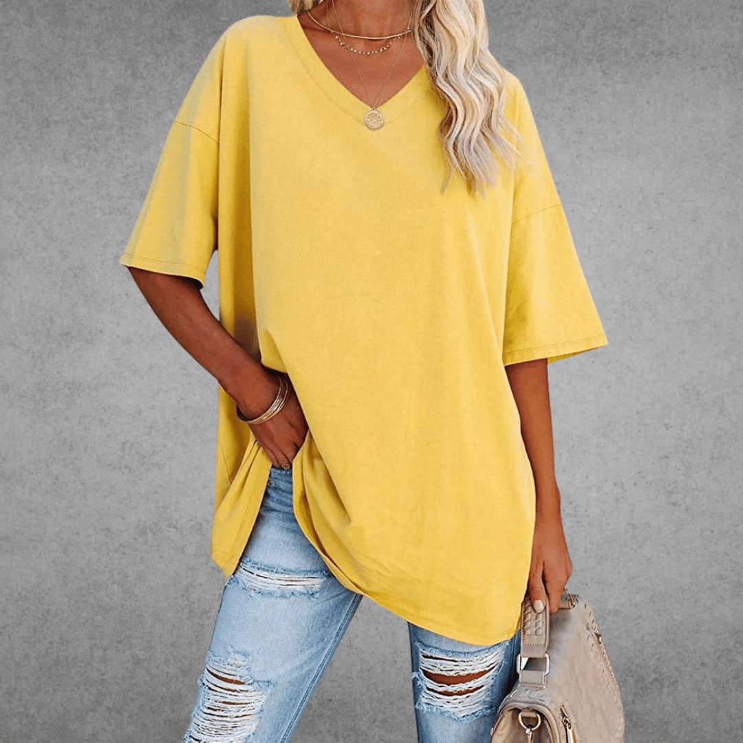 Women's Oversized V-Neck T-Shirt for Fall and Winter Everyday Wear Yellow