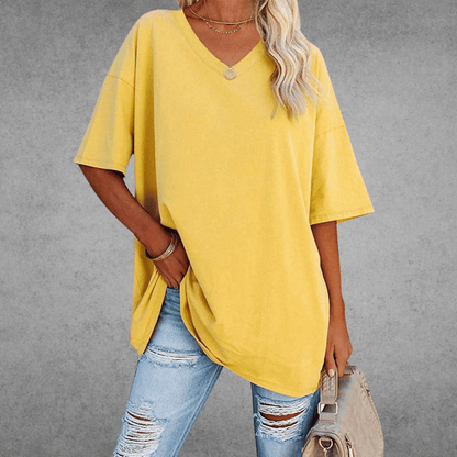 Women's Oversized V-Neck T-Shirt for Fall and Winter Everyday Wear Yellow