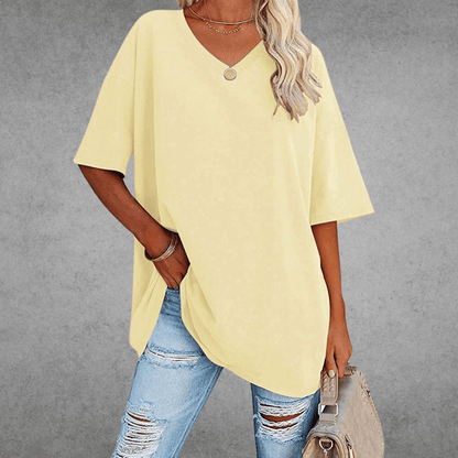 Women's Oversized V-Neck T-Shirt for Fall and Winter Everyday Wear Light Yellow