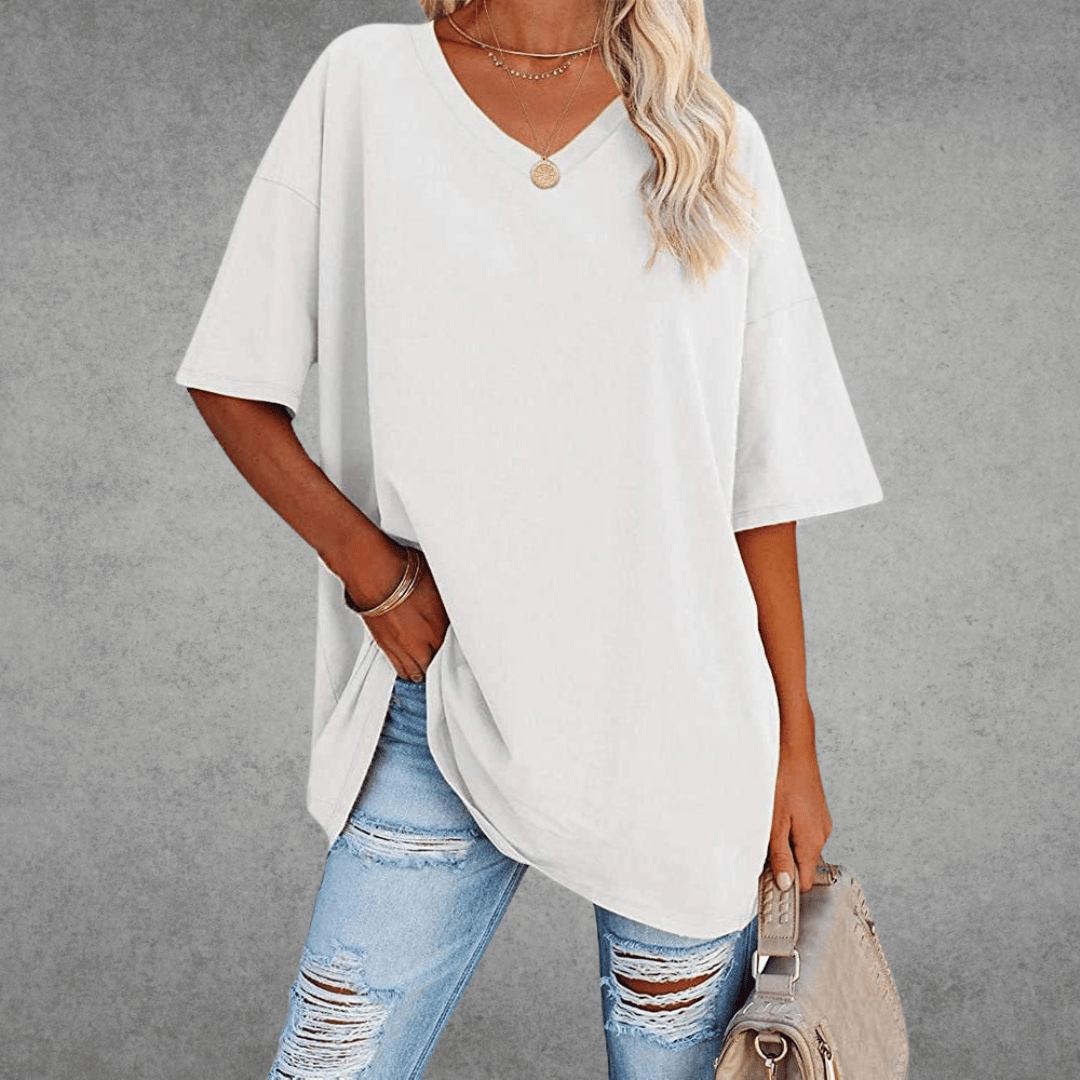 Women's Oversized V-Neck T-Shirt for Fall and Winter Everyday Wear White