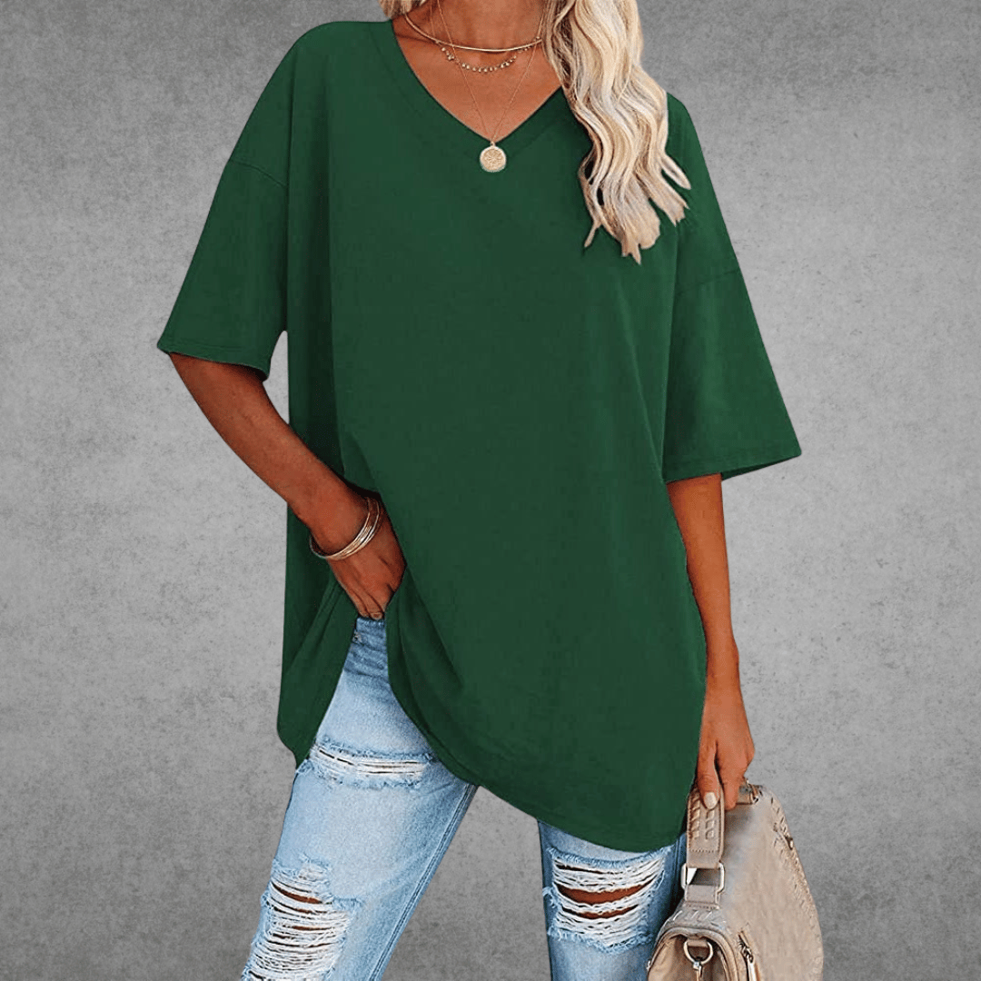 Women's Oversized V-Neck T-Shirt for Fall and Winter Everyday Wear Dark Green