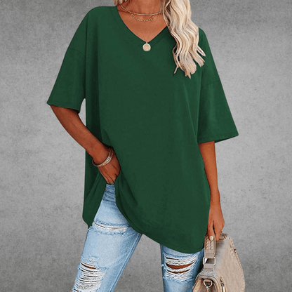 Women's Oversized V-Neck T-Shirt for Fall and Winter Everyday Wear Dark Green