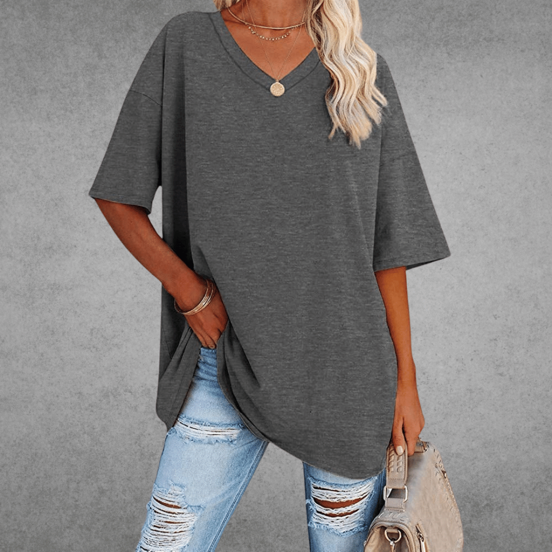 Women's Oversized V-Neck T-Shirt for Fall and Winter Everyday Wear Dark Gray