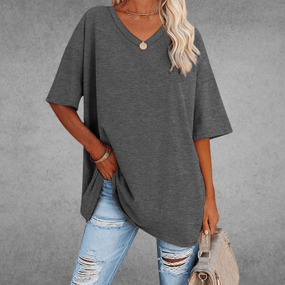 Women's Oversized V-Neck T-Shirt for Fall and Winter Everyday Wear Dark Gray