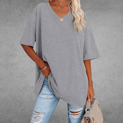 Women's Oversized V-Neck T-Shirt for Fall and Winter Everyday Wear Light Gray