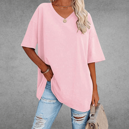 Women's Oversized V-Neck T-Shirt for Fall and Winter Everyday Wear Pink