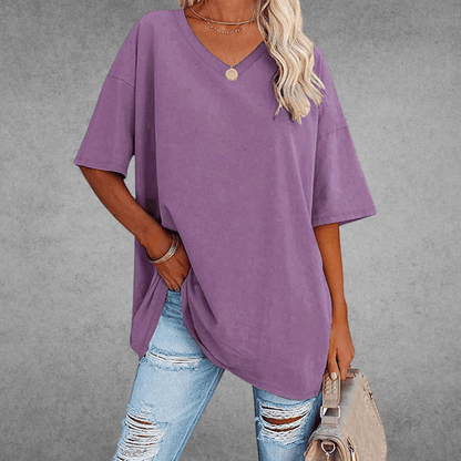 Women's Oversized V-Neck T-Shirt for Fall and Winter Everyday Wear Lilac