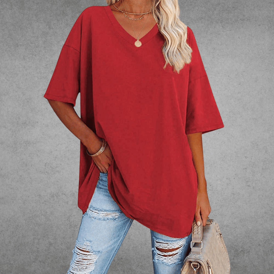 Women's Oversized V-Neck T-Shirt for Fall and Winter Everyday Wear Red