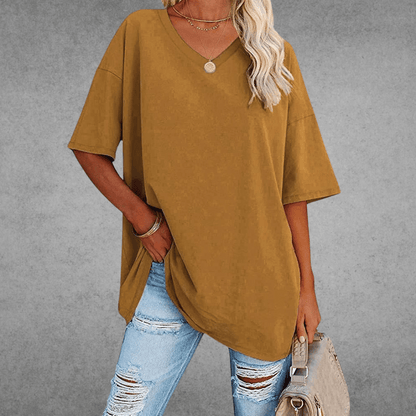Women's Oversized V-Neck T-Shirt for Fall and Winter Everyday Wear Brown