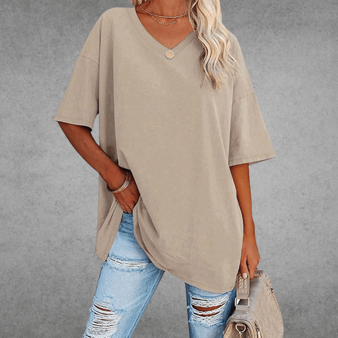 Women's Oversized V-Neck T-Shirt for Fall and Winter Everyday Wear Beige