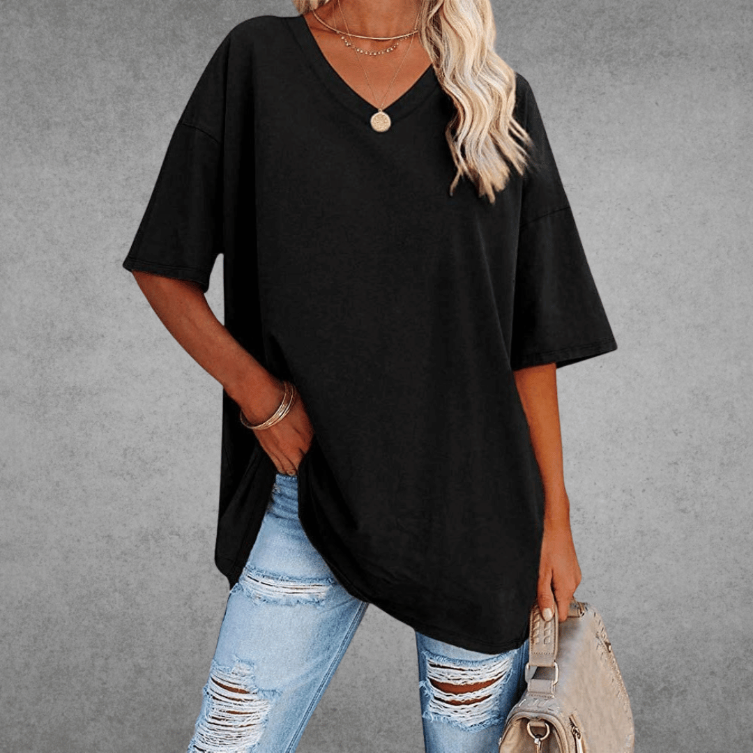 Women's Oversized V-Neck T-Shirt for Fall and Winter Everyday Wear Black