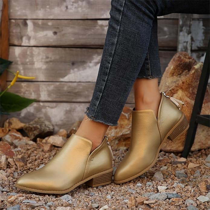 Women's Pointed Toe Ankle Boots for Fall and Winter Everyday Wear Gold