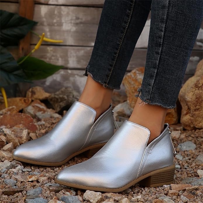 Women's Pointed Toe Ankle Boots for Fall and Winter Everyday Wear Silver