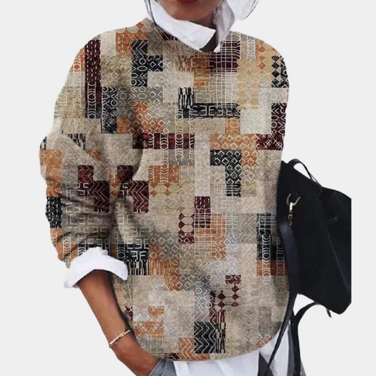 Women's Printed Crewneck Sweater for Fall and Winter Everyday Wear Khaki