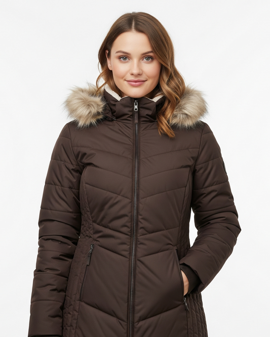 Women's Puffer Jacket with Faux Fur Hooded Design for Daily Use Brown