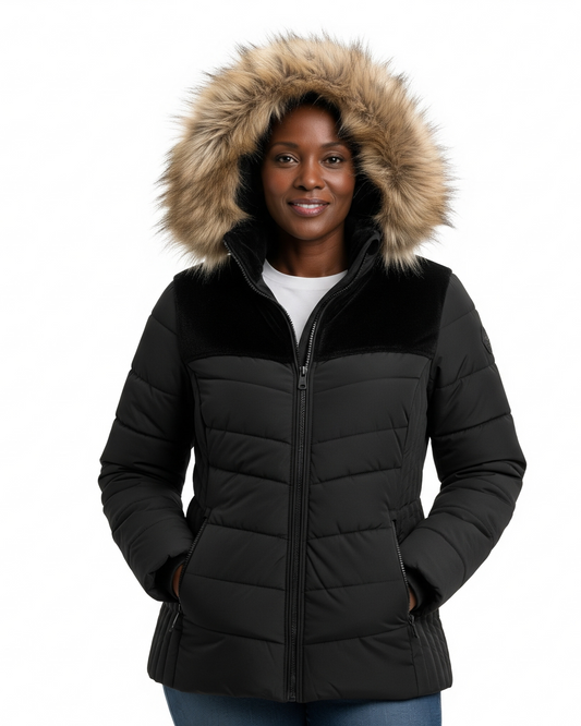 Women's Quilted Puffer Jacket with Faux Fur Trim for Daily Use Black