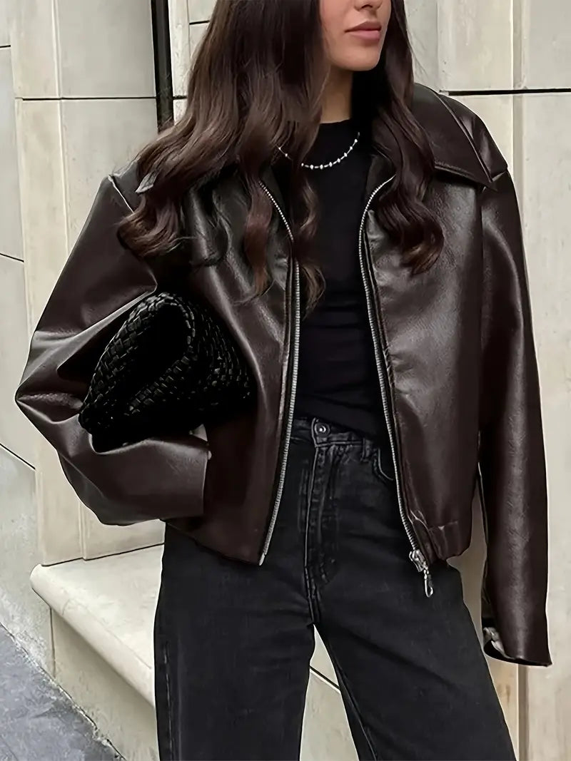 Women's Relaxed Fit Bomber Jacket for Fall and Winter Everyday Wear Dark Brown