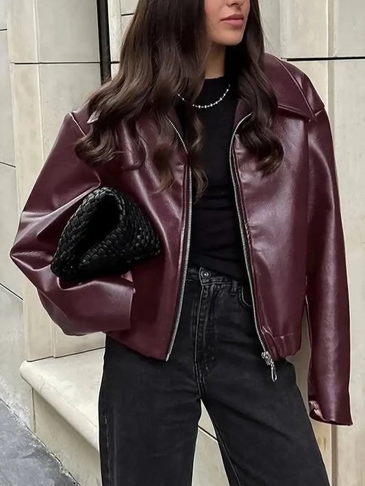 Women's Relaxed Fit Bomber Jacket for Fall and Winter Everyday Wear Burgundy