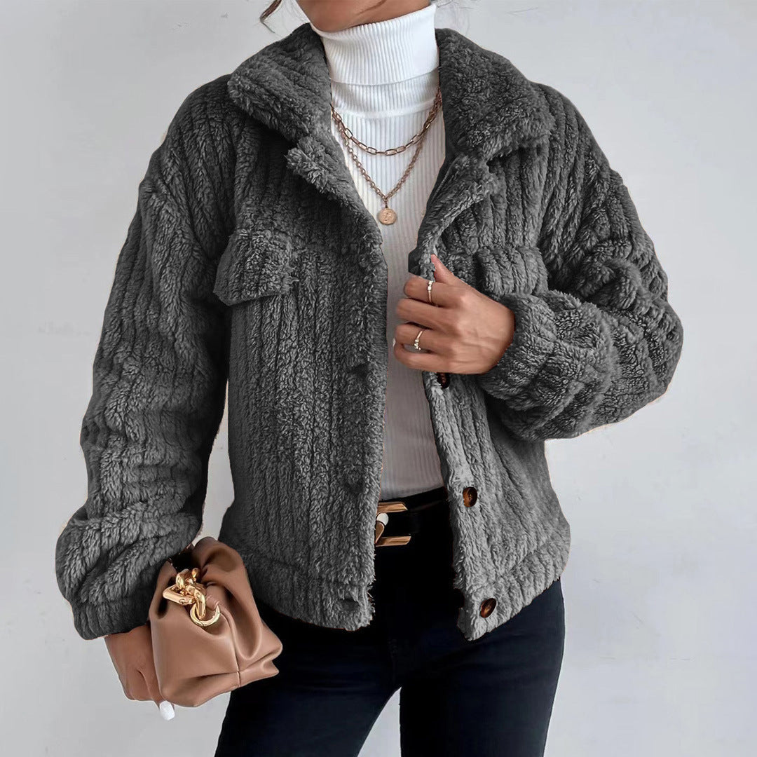 Women's Dark Gray Relaxed Fit Button-Down Jacket for Everyday Wear Dark Gray