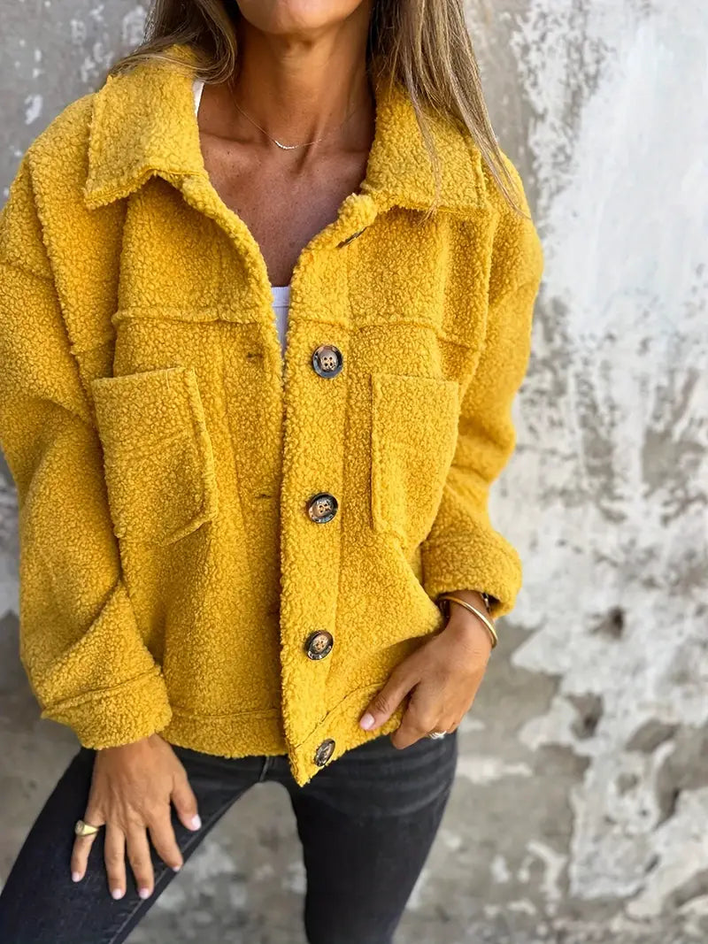 Women's Green Relaxed Fit Button-Down Jacket for Everyday Wear Yellow