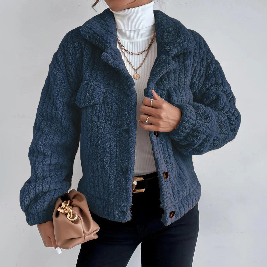 Women's Dark Gray Relaxed Fit Button-Down Jacket for Everyday Wear Dark Blue