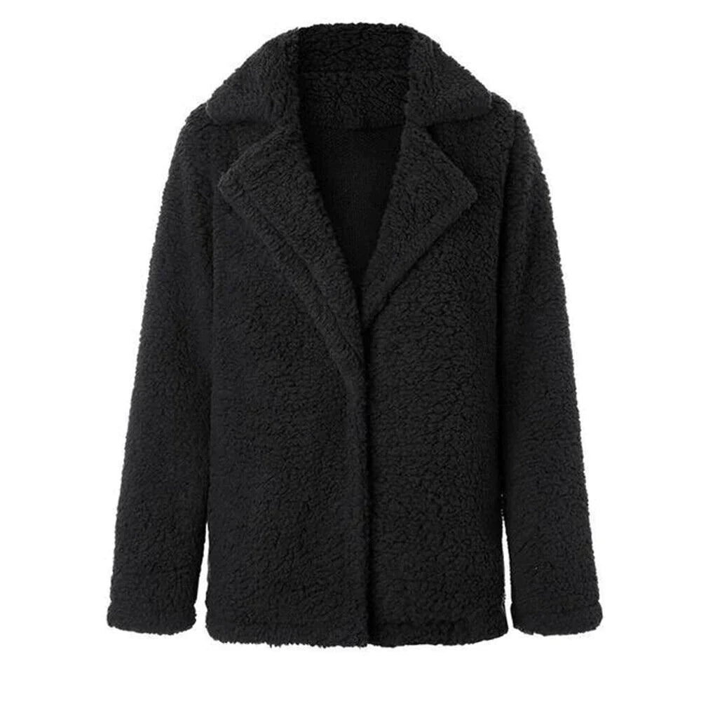 Women's Relaxed Fit Cozy Teddy Jacket for Daily Use Warm Black