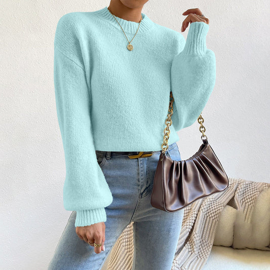 Women's Relaxed Fit Crew Neck Sweater for Daily Use Warm Light Blue