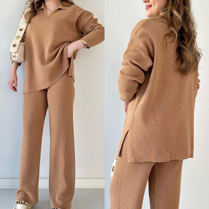 Women's Relaxed Fit Two-Piece Pants Set for Daily Use Warm Camel