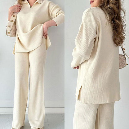 Women's Relaxed Fit Two-Piece Pants Set for Daily Use Warm White