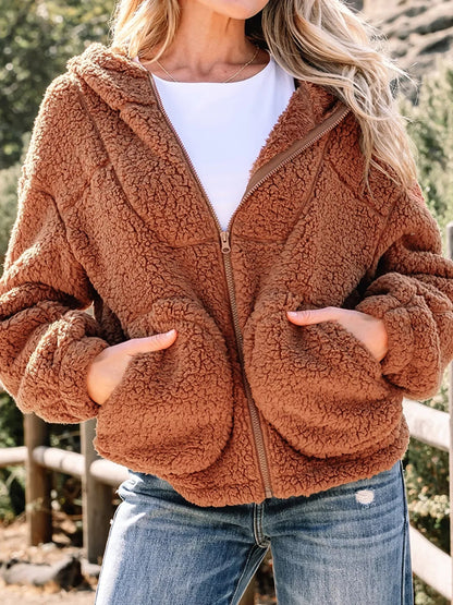 Women's Relaxed Fit Zip Up Jacket for Fall and Winter Everyday Wear Brown