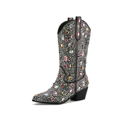 Women's Rhinestone Mid Calf Cowboy Boots with Slip-on for Daily Use Black