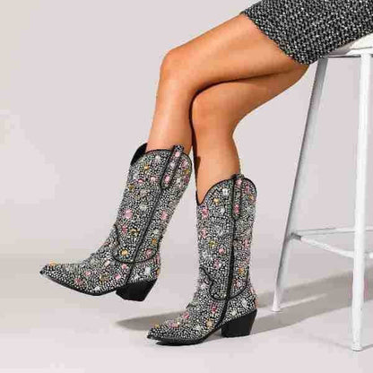 Women's Rhinestone Mid Calf Cowboy Boots with Slip-on for Daily Use