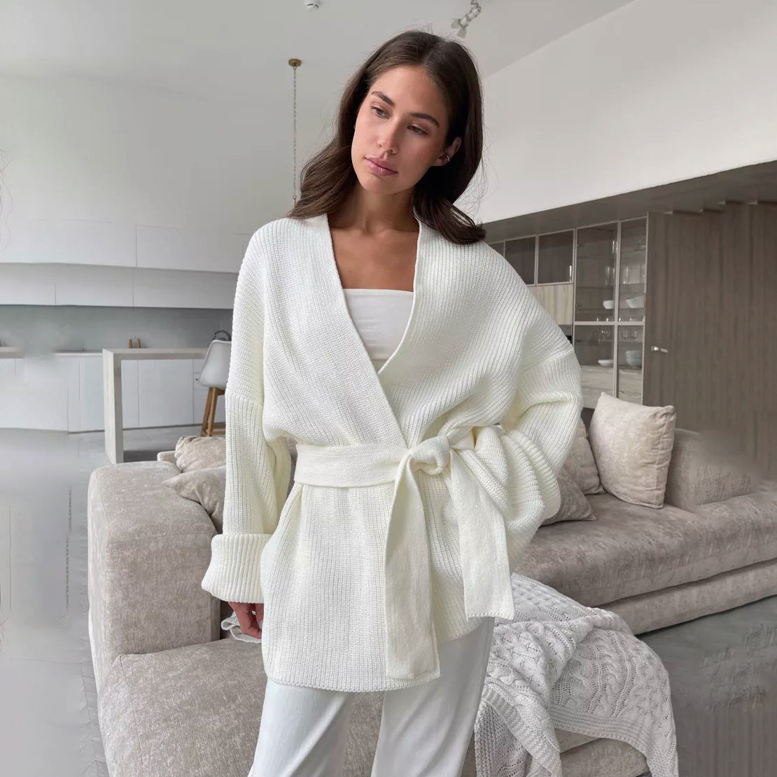 Women's Ribbed Knit Wrap Sweater for Fall and Winter Everyday Wear White