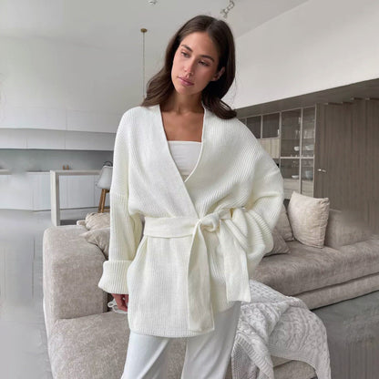 Women's Ribbed Knit Wrap Sweater for Fall and Winter Everyday Wear White