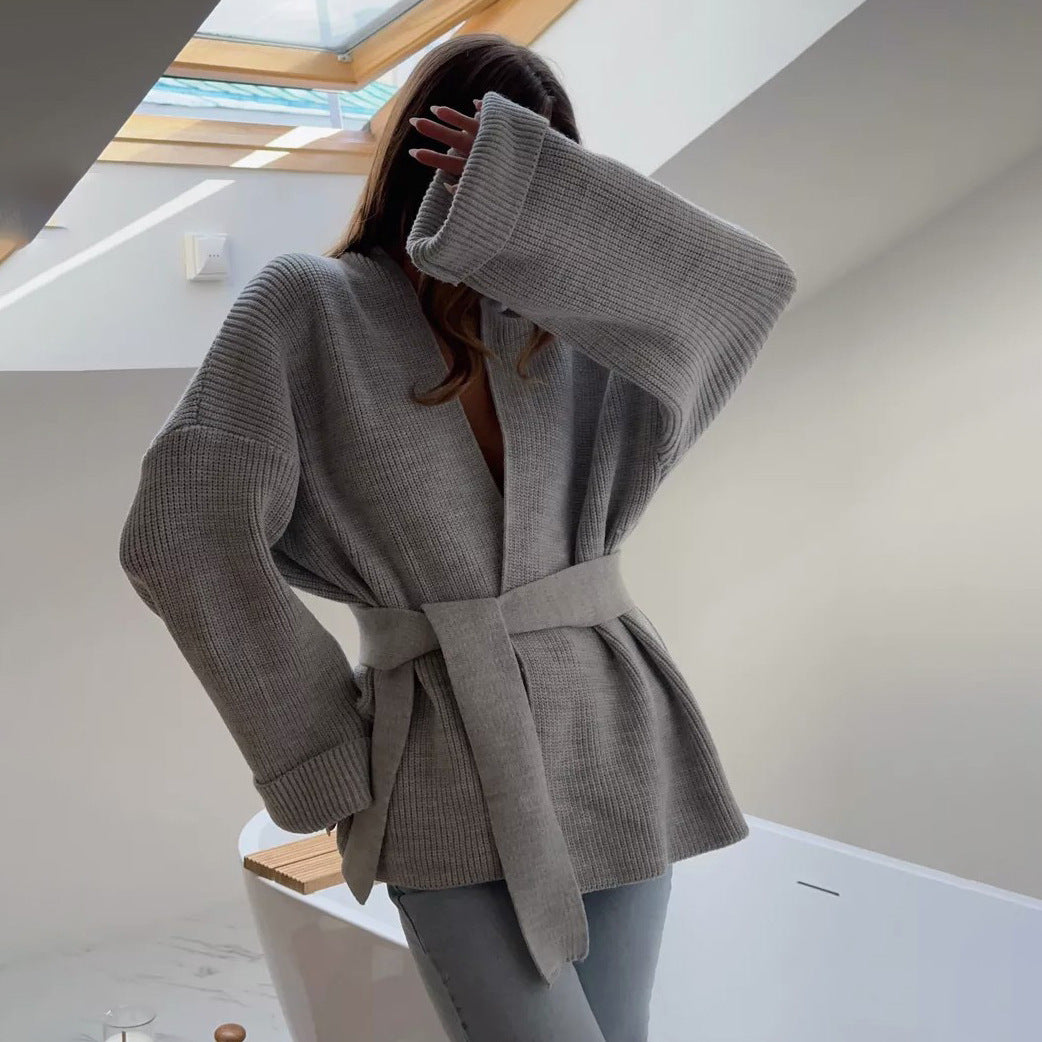 Women's Ribbed Knit Wrap Sweater for Fall and Winter Everyday Wear Grey