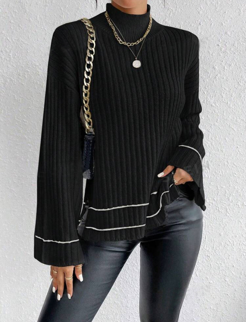 Women's Ribbed Long Tunic Sweater for Fall and Winter Everyday Wear Black