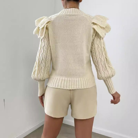 Women's Ruffle Cable Knit Long Sleeve Sweater for Daily Use