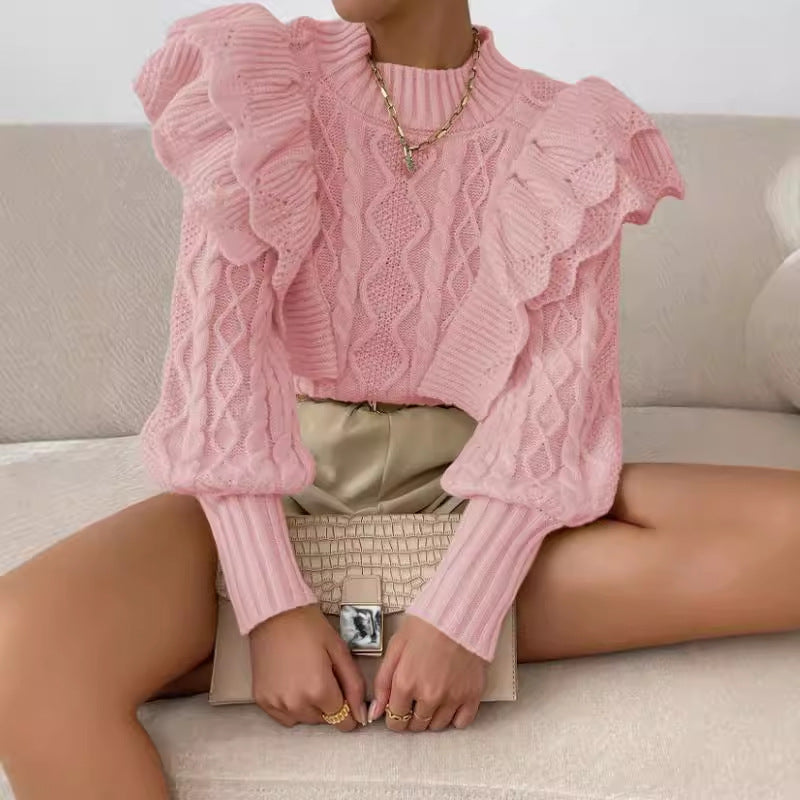 Women's Ruffle Cable Knit Long Sleeve Sweater for Daily Use Pink
