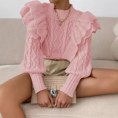 Women's Ruffle Cable Knit Long Sleeve Sweater for Daily Use Pink