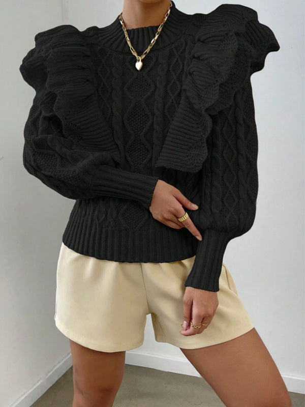 Women's Ruffle Cable Knit Long Sleeve Sweater for Daily Use Black