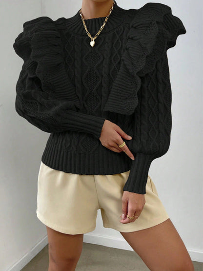 Women's Ruffle Cable Knit Long Sleeve Sweater for Daily Use Black