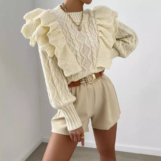 Women's Ruffle Cable Knit Long Sleeve Sweater for Daily Use Off White
