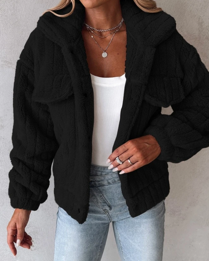 Women's Sherpa Collared Jacket for Fall and Winter Everyday Wear Schwarz