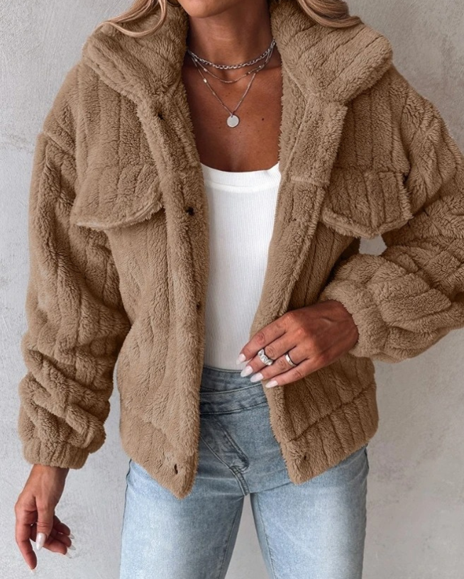 Women's Sherpa Collared Jacket for Fall and Winter Everyday Wear Braun