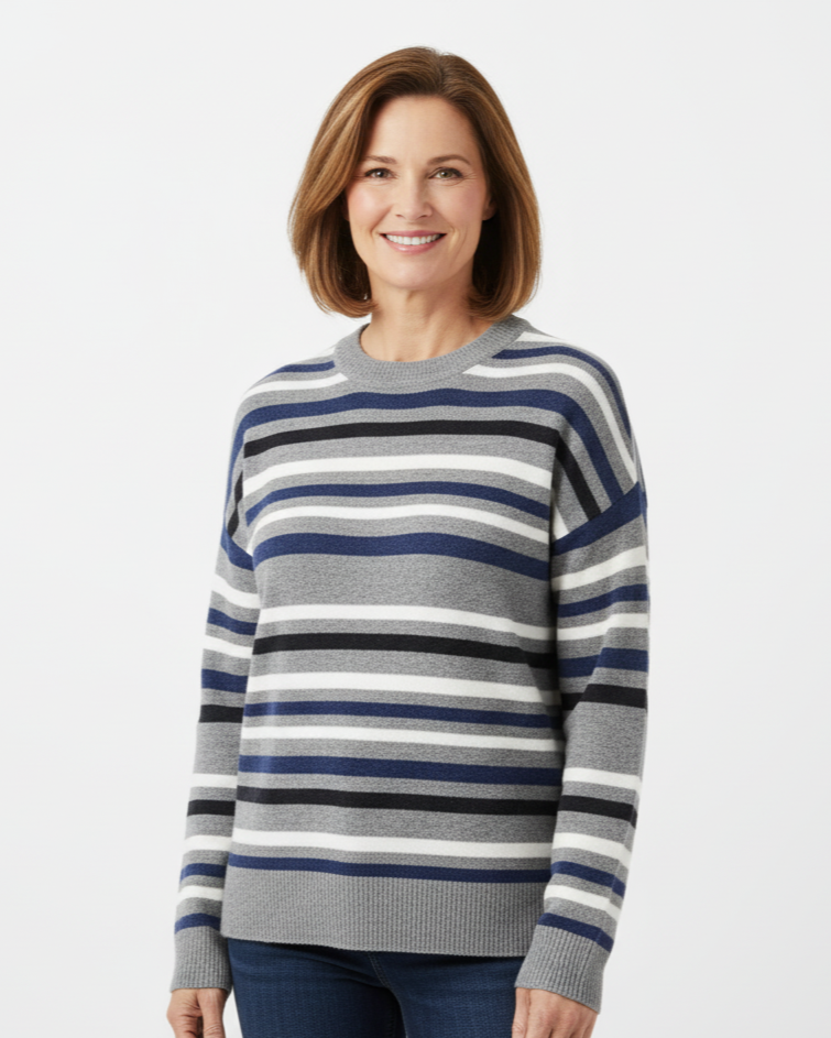 Women's Striped Crew Neck Knit Sweater for Daily Use Warm Gray