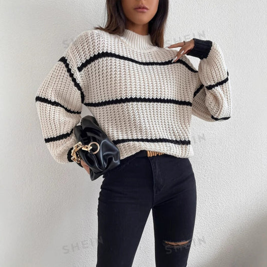 Women's White Striped Crew Neck Sweater for Fall and Winter