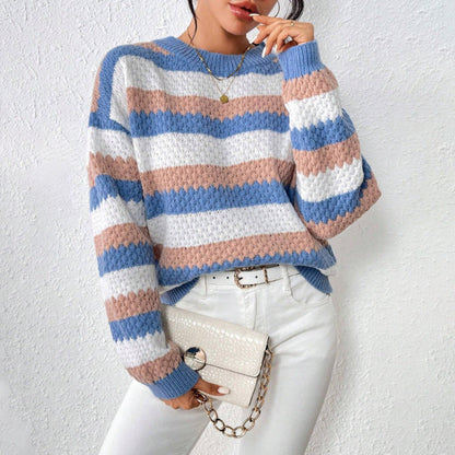 Women's Blue Striped Crew Neck Sweater for Fall and Winter Blue
